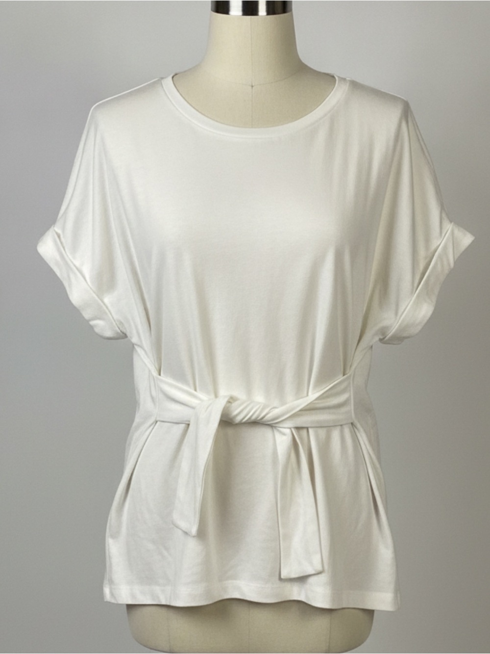 Cream Cuffed Sleeve Tie Front T-Shirt